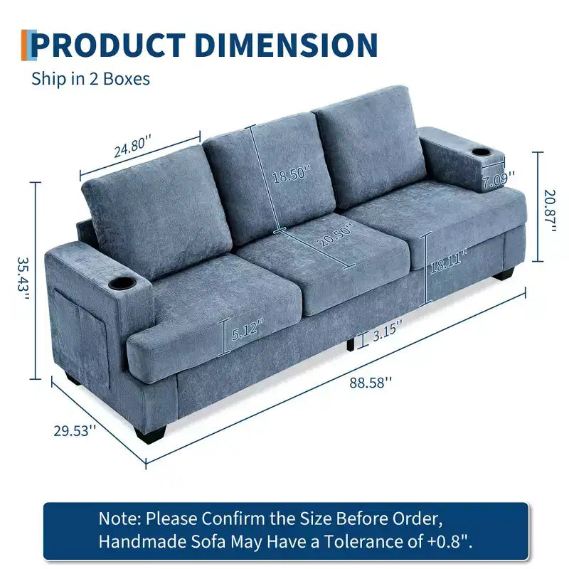 Modern 89 in 3-Seater Sofa for Living Room, Comfy Couches with Deep Seat,Chenille Couch with Cup Holders and Side Storage Pockets for Apartment Lounge