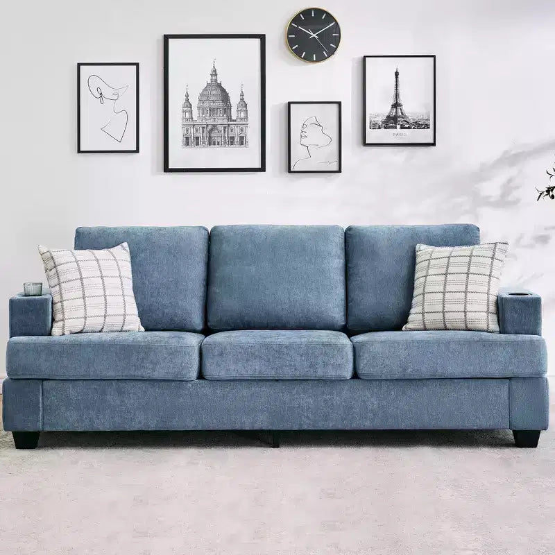 Modern 89 in 3-Seater Sofa for Living Room, Comfy Couches with Deep Seat,Chenille Couch with Cup Holders and Side Storage Pockets for Apartment Lounge