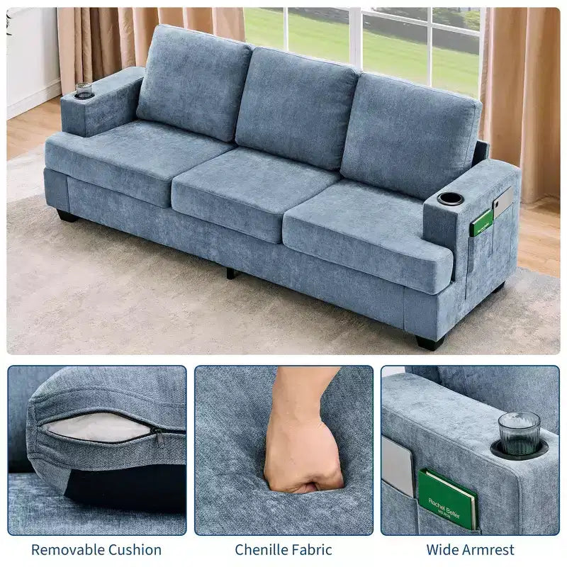 Modern 89 in 3-Seater Sofa for Living Room, Comfy Couches with Deep Seat,Chenille Couch with Cup Holders and Side Storage Pockets for Apartment Lounge