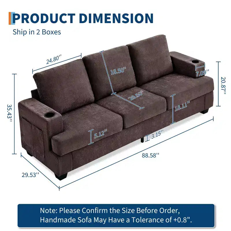 Modern 89 in 3-Seater Sofa for Living Room, Comfy Couches with Deep Seat,Chenille Couch with Cup Holders and Side Storage Pockets for Apartment Lounge