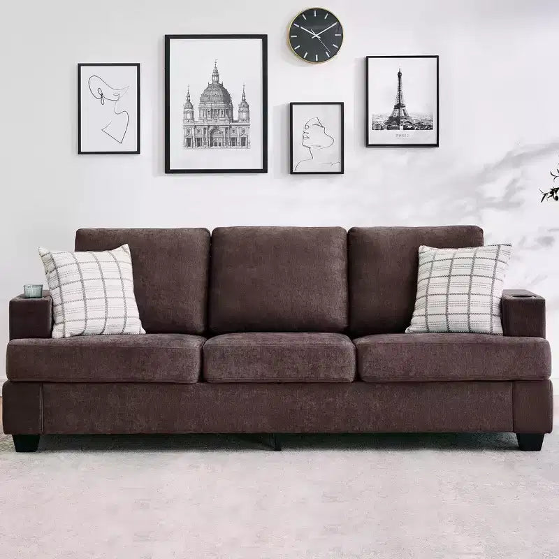 Modern 89 in 3-Seater Sofa for Living Room, Comfy Couches with Deep Seat,Chenille Couch with Cup Holders and Side Storage Pockets for Apartment Lounge