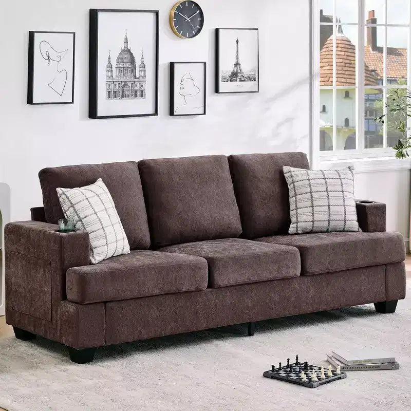 Modern 89 in 3-Seater Sofa for Living Room, Comfy Couches with Deep Seat,Chenille Couch with Cup Holders and Side Storage Pockets for Apartment Lounge