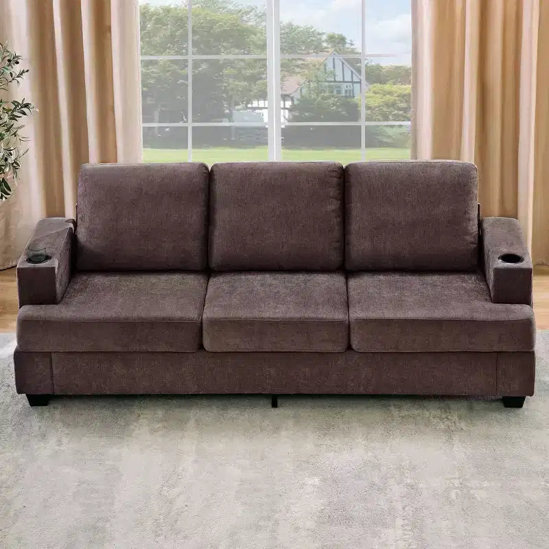 Modern 89 in 3-Seater Sofa for Living Room, Comfy Couches with Deep Seat,Chenille Couch with Cup Holders and Side Storage Pockets for Apartment Lounge