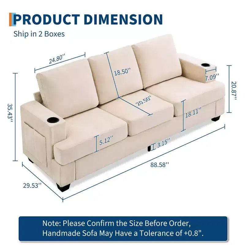 Modern 89 in 3-Seater Sofa for Living Room, Comfy Couches with Deep Seat,Chenille Couch with Cup Holders and Side Storage Pockets for Apartment Lounge
