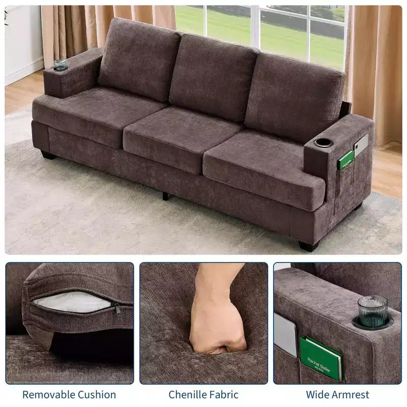 Modern 89 in 3-Seater Sofa for Living Room, Comfy Couches with Deep Seat,Chenille Couch with Cup Holders and Side Storage Pockets for Apartment Lounge