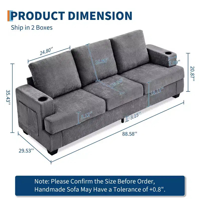 Modern 89 in 3-Seater Sofa for Living Room, Comfy Couches with Deep Seat,Chenille Couch with Cup Holders and Side Storage Pockets for Apartment Lounge