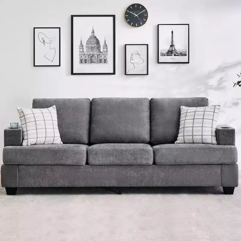 Modern 89 in 3-Seater Sofa for Living Room, Comfy Couches with Deep Seat,Chenille Couch with Cup Holders and Side Storage Pockets for Apartment Lounge