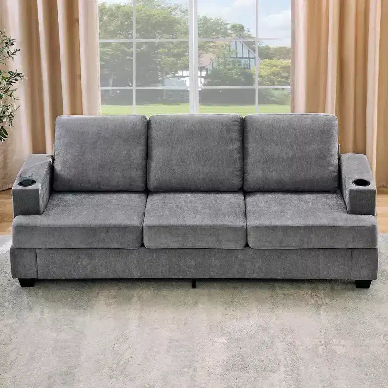 Modern 89 in 3-Seater Sofa for Living Room, Comfy Couches with Deep Seat,Chenille Couch with Cup Holders and Side Storage Pockets for Apartment Lounge