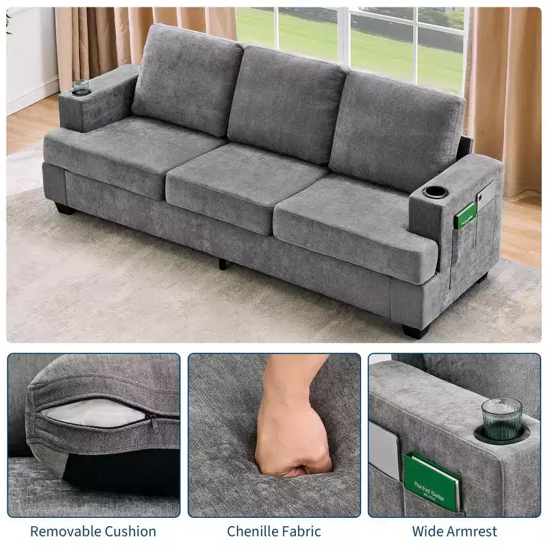 Modern 89 in 3-Seater Sofa for Living Room, Comfy Couches with Deep Seat,Chenille Couch with Cup Holders and Side Storage Pockets for Apartment Lounge