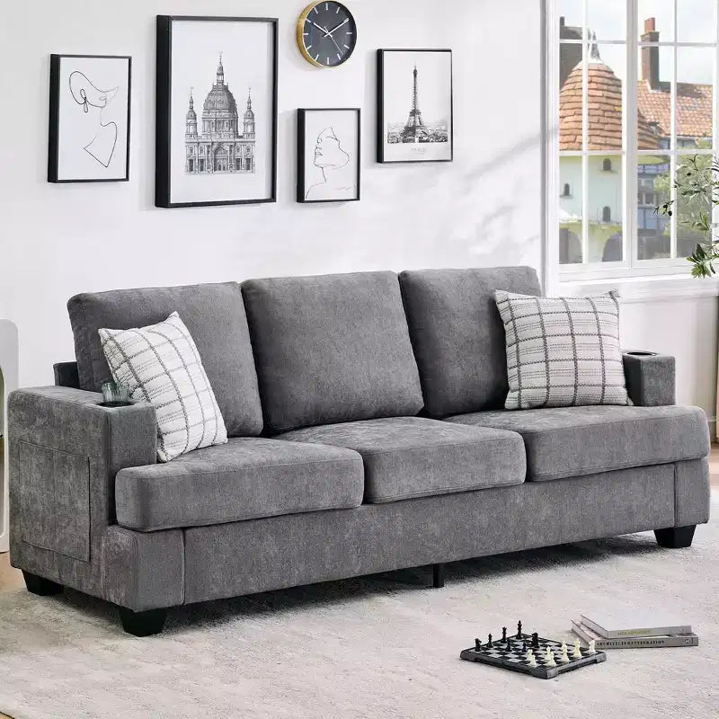 Modern 89 in 3-Seater Sofa for Living Room, Comfy Couches with Deep Seat,Chenille Couch with Cup Holders and Side Storage Pockets for Apartment Lounge