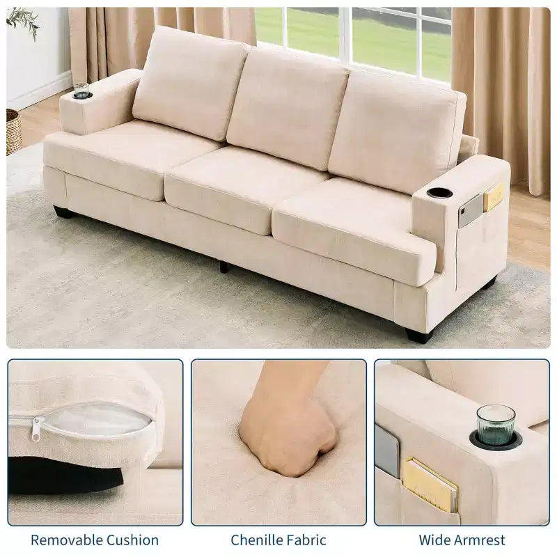 Modern 89 in 3-Seater Sofa for Living Room, Comfy Couches with Deep Seat,Chenille Couch with Cup Holders and Side Storage Pockets for Apartment Lounge
