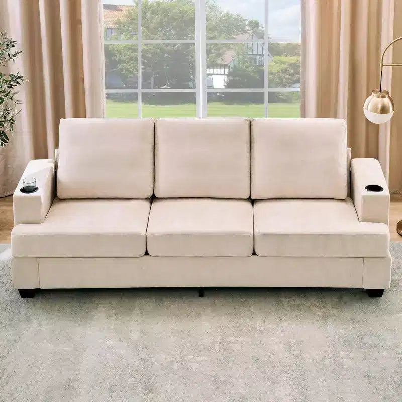 Modern 89 in 3-Seater Sofa for Living Room, Comfy Couches with Deep Seat,Chenille Couch with Cup Holders and Side Storage Pockets for Apartment Lounge