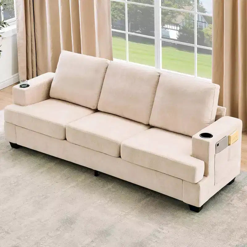 Modern 89 in 3-Seater Sofa for Living Room, Comfy Couches with Deep Seat,Chenille Couch with Cup Holders and Side Storage Pockets for Apartment Lounge