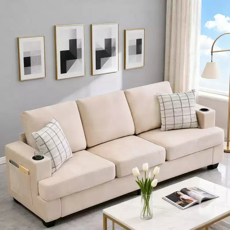 Modern 89 in 3-Seater Sofa for Living Room, Comfy Couches with Deep Seat,Chenille Couch with Cup Holders and Side Storage Pockets for Apartment Lounge