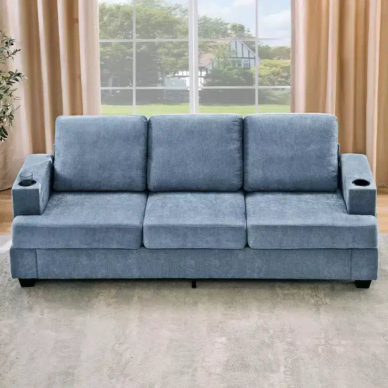 Modern 89 in 3-Seater Sofa for Living Room, Comfy Couches with Deep Seat,Chenille Couch with Cup Holders and Side Storage Pockets for Apartment Lounge