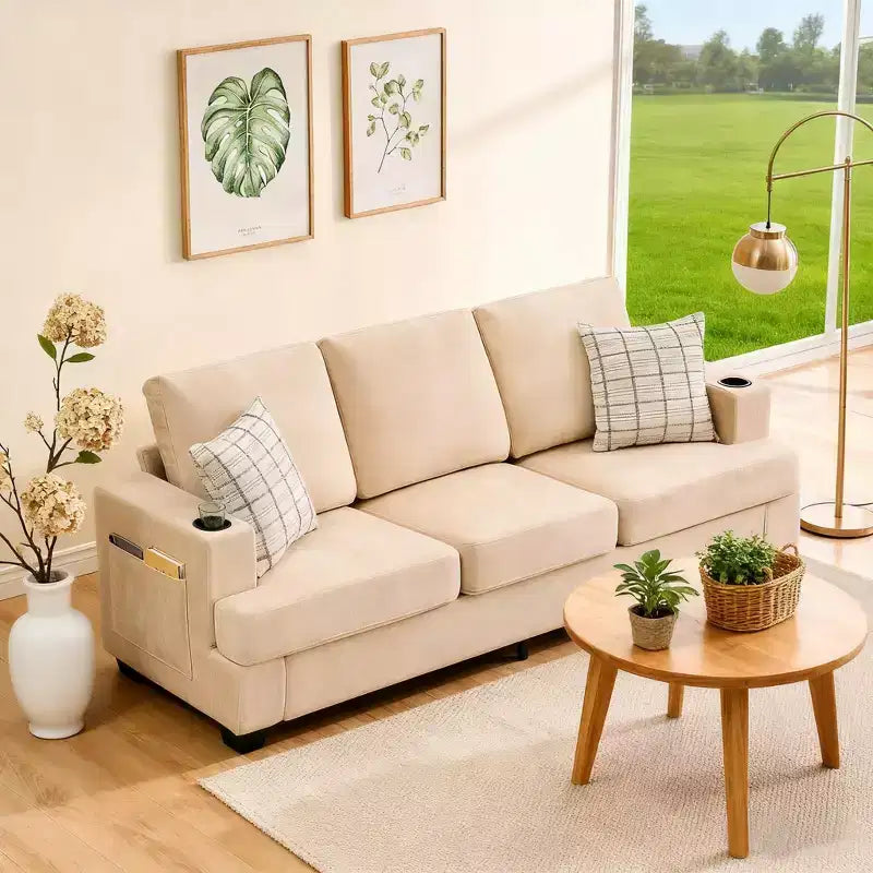 Modern 89 in 3-Seater Sofa for Living Room, Comfy Couches with Deep Seat,Chenille Couch with Cup Holders and Side Storage Pockets for Apartment Lounge