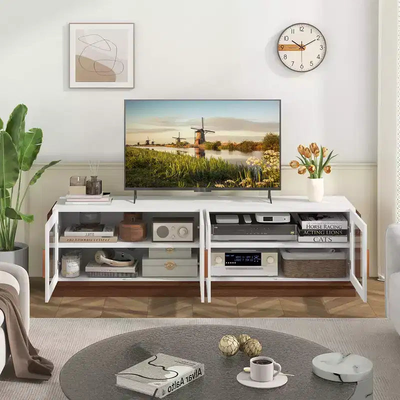 Costway Large TV Stand for TVs up to 75 Console Table w/ 4 Tempered Glass Doors