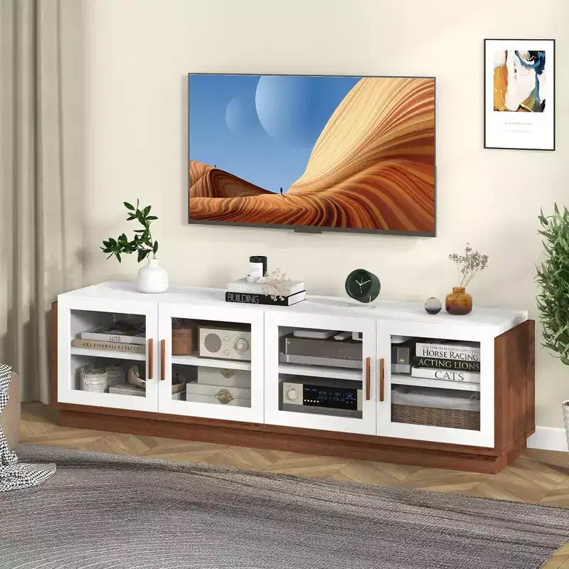 Costway Large TV Stand for TVs up to 75 Console Table w/ 4 Tempered Glass Doors