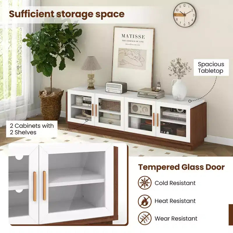 Costway Large TV Stand for TVs up to 75 Console Table w/ 4 Tempered Glass Doors