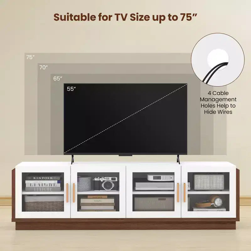 Costway Large TV Stand for TVs up to 75 Console Table w/ 4 Tempered Glass Doors