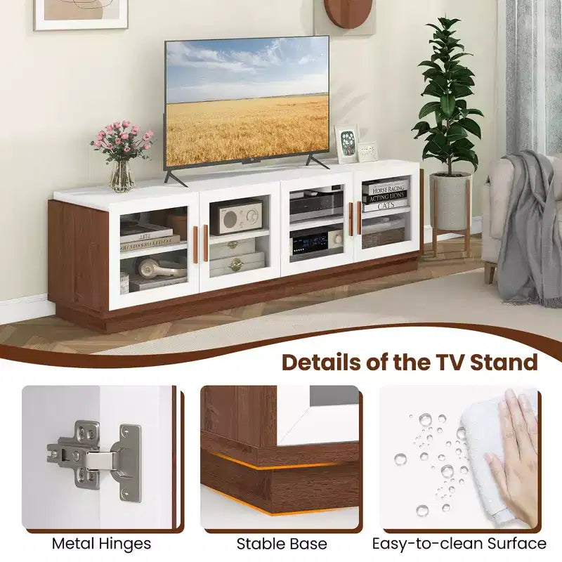 Costway Large TV Stand for TVs up to 75 Console Table w/ 4 Tempered Glass Doors
