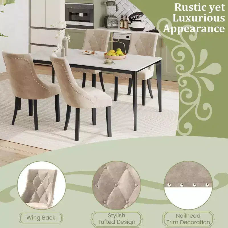 Costway Upholstered Dining Chairs Set of 2 Tufted Wingback Chairs w/ Solid Wood Legs