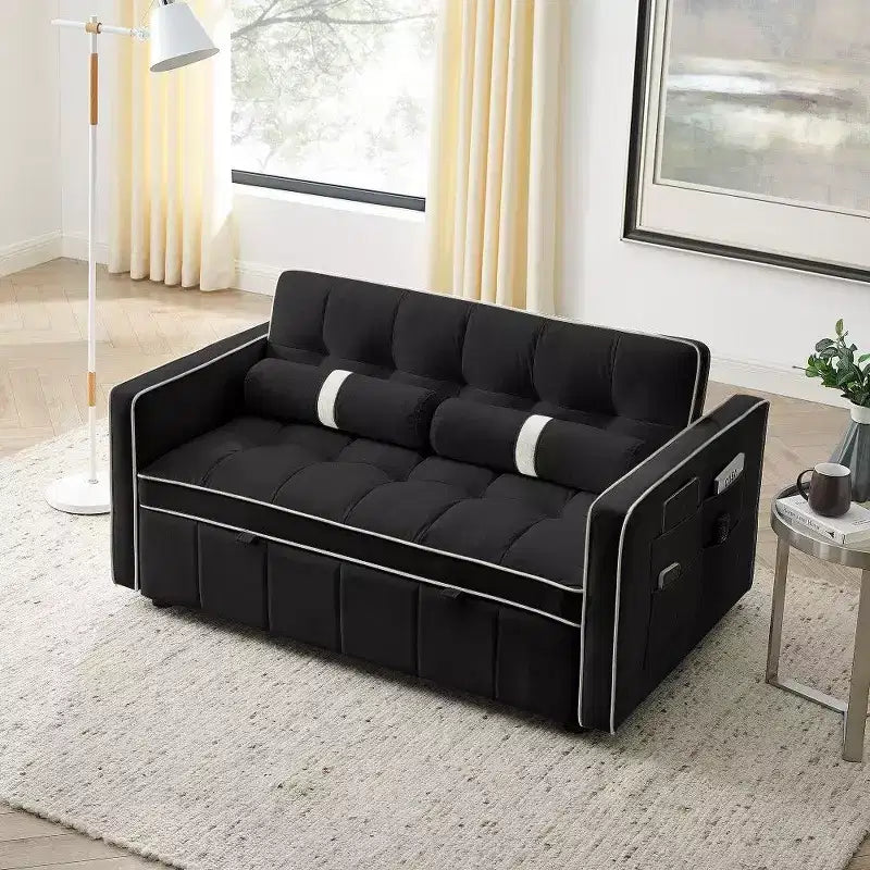 TUYOHW 55.5 Inch Pull Out Sofa Bed,Adjustable Backrest Loveseat with Side Pockets & 2 Pillows,Velvet Convertible Couch for Small Space