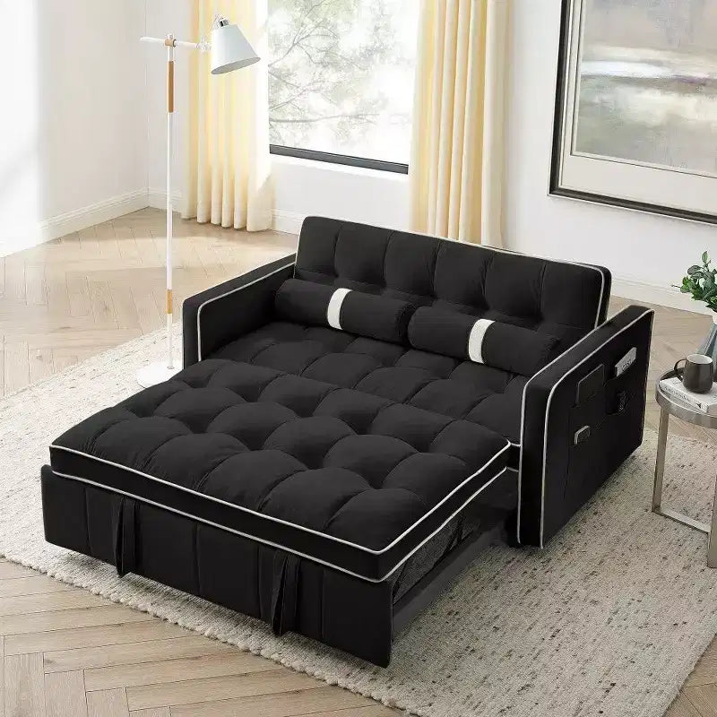 TUYOHW 55.5 Inch Pull Out Sofa Bed,Adjustable Backrest Loveseat with Side Pockets & 2 Pillows,Velvet Convertible Couch for Small Space