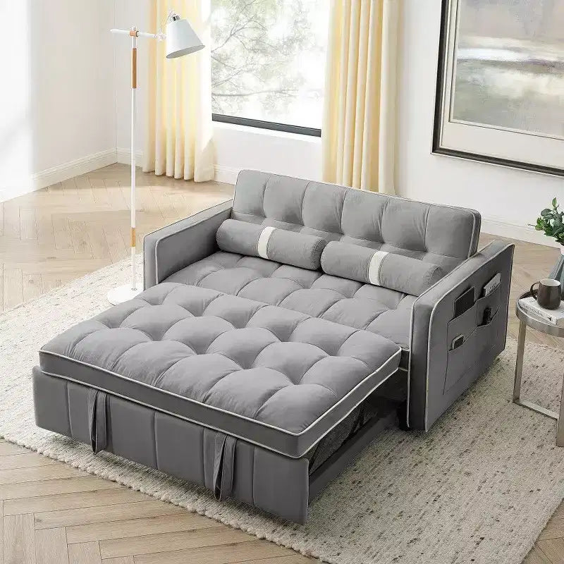 TUYOHW 55.5 Inch Pull Out Sofa Bed,Adjustable Backrest Loveseat with Side Pockets & 2 Pillows,Velvet Convertible Couch for Small Space