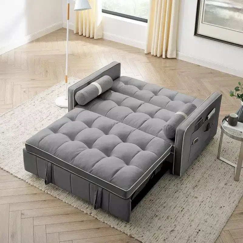 TUYOHW 55.5 Inch Pull Out Sofa Bed,Adjustable Backrest Loveseat with Side Pockets & 2 Pillows,Velvet Convertible Couch for Small Space
