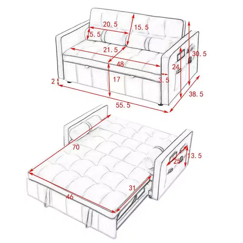 TUYOHW 55.5 Inch Pull Out Sofa Bed,Adjustable Backrest Loveseat with Side Pockets & 2 Pillows,Velvet Convertible Couch for Small Space