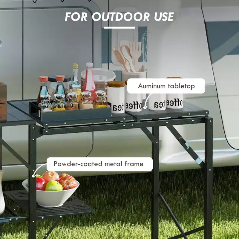 Folding Camp Kitchen, Camping Table Cooking Station with Adjustable Lamp Stand