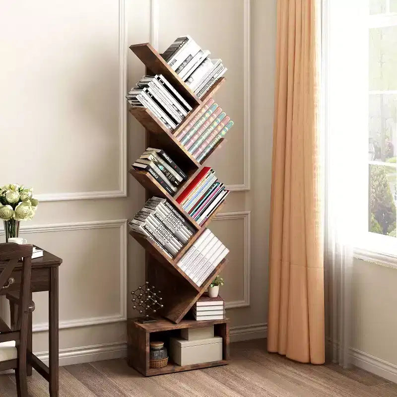 8-Tier Tree Bookcase with Storage, Tall Floor Standing Shelf for Living Room Bedroom Home Office, Multi-Functional Organizer with Wood Tone Finish