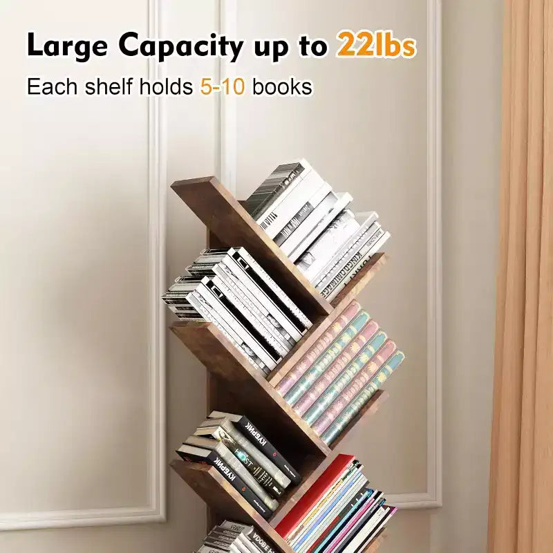 8-Tier Tree Bookcase with Storage, Tall Floor Standing Shelf for Living Room Bedroom Home Office, Multi-Functional Organizer with Wood Tone Finish