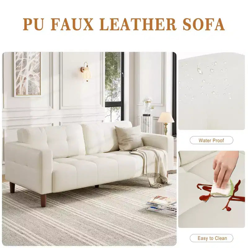 3-Seater Sofa Couch, 83 Wide Faux Leather Sofa Couch with Spring Cushion, Modern Sofa w/2 Removable Back Cushions, for Living Room, Bedroom