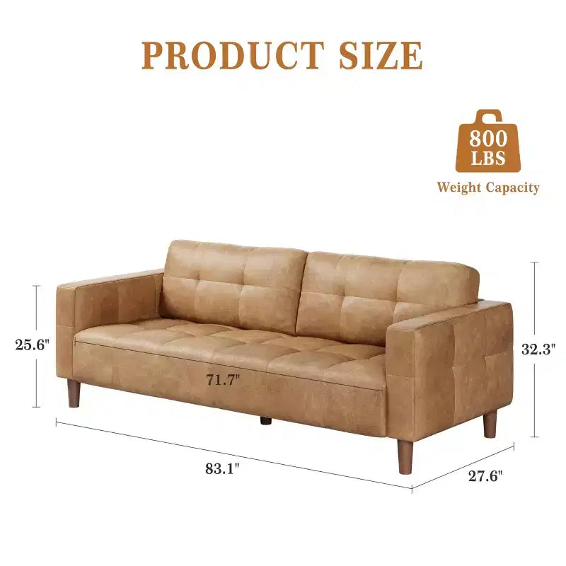 3-Seater Sofa Couch, 83 Wide Faux Leather Sofa Couch with Spring Cushion, Modern Sofa w/2 Removable Back Cushions, for Living Room, Bedroom