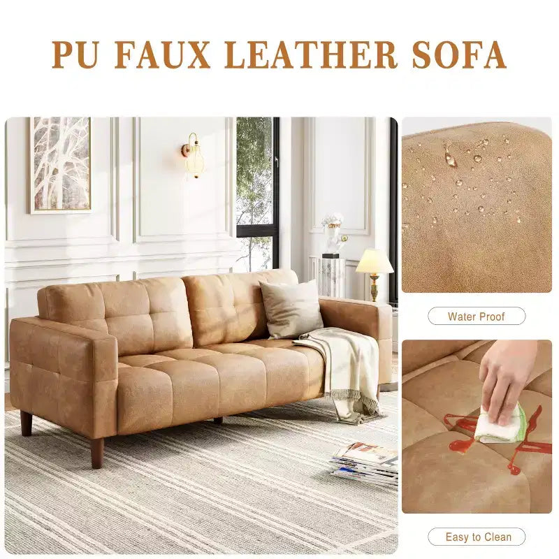 3-Seater Sofa Couch, 83 Wide Faux Leather Sofa Couch with Spring Cushion, Modern Sofa w/2 Removable Back Cushions, for Living Room, Bedroom