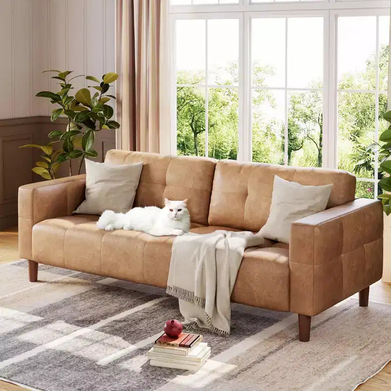 3-Seater Sofa Couch, 83 Wide Faux Leather Sofa Couch with Spring Cushion, Modern Sofa w/2 Removable Back Cushions, for Living Room, Bedroom