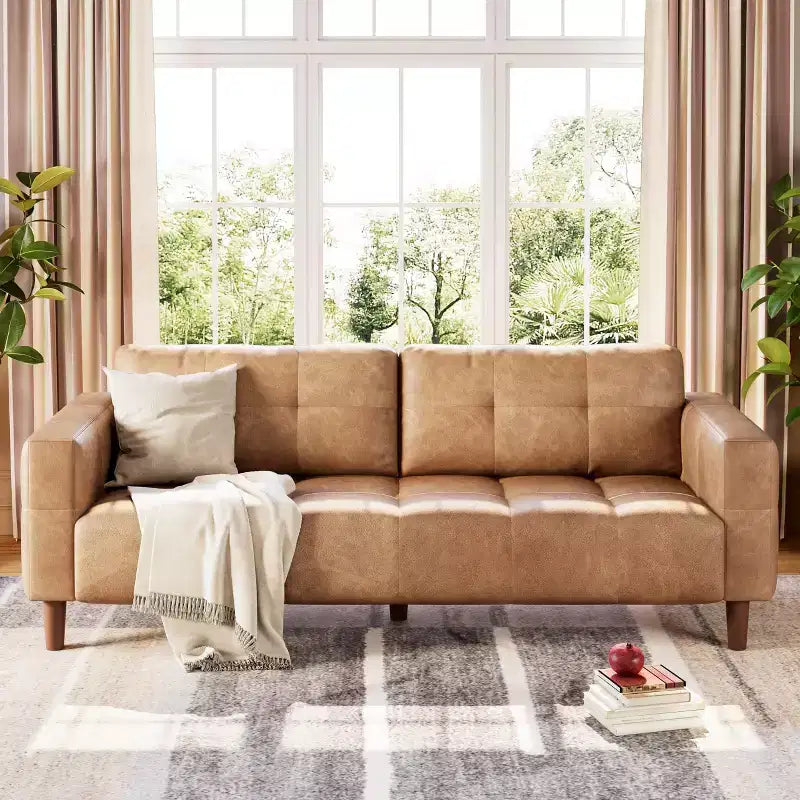 3-Seater Sofa Couch, 83 Wide Faux Leather Sofa Couch with Spring Cushion, Modern Sofa w/2 Removable Back Cushions, for Living Room, Bedroom