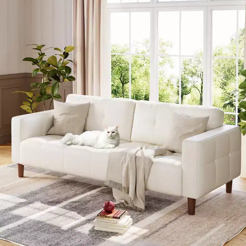 3-Seater Sofa Couch, 83 Wide Faux Leather Sofa Couch with Spring Cushion, Modern Sofa w/2 Removable Back Cushions, for Living Room, Bedroom