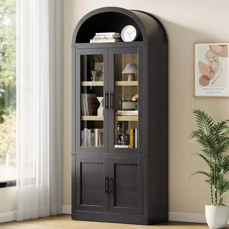 Arched Bookcase with Doors Modern 6-Tier Bookshelf with Storage Wooden Display Cabinet Farmhouse Storage Shelves for Living Room,Office