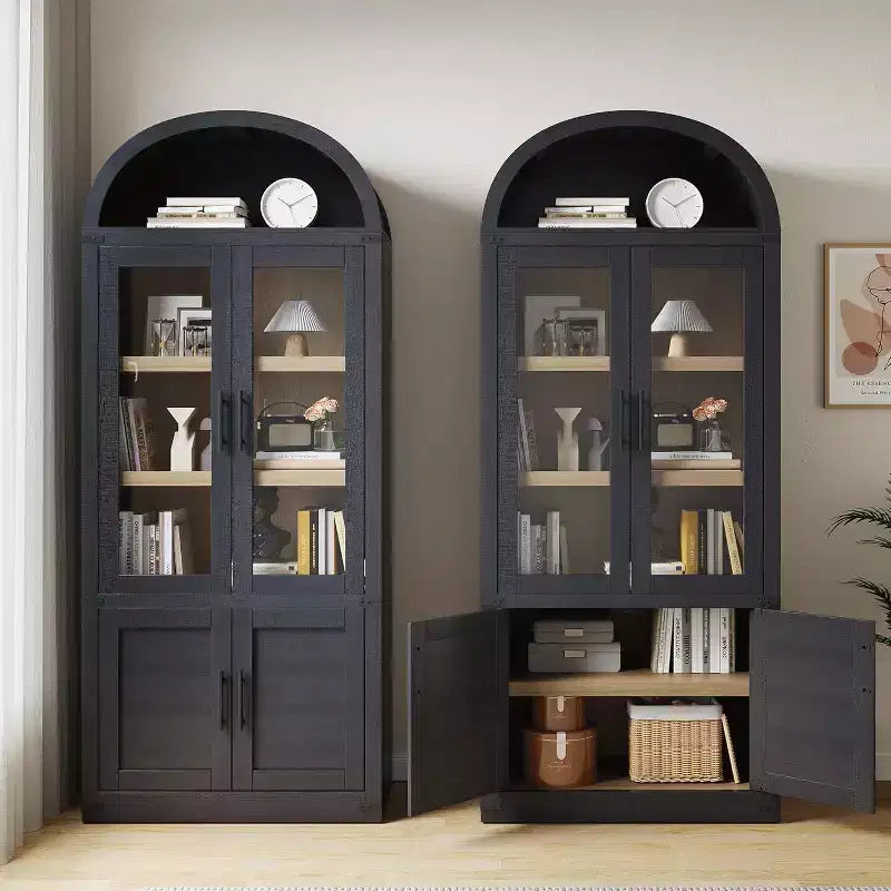 Arched Bookcase with Doors Modern 6-Tier Bookshelf with Storage Wooden Display Cabinet Farmhouse Storage Shelves for Living Room,Office