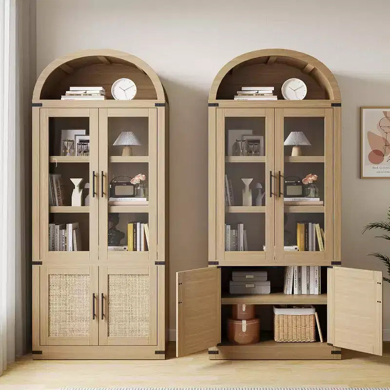 Arched Bookcase with Doors Modern 6-Tier Bookshelf with Storage Wooden Display Cabinet Farmhouse Storage Shelves for Living Room,Office