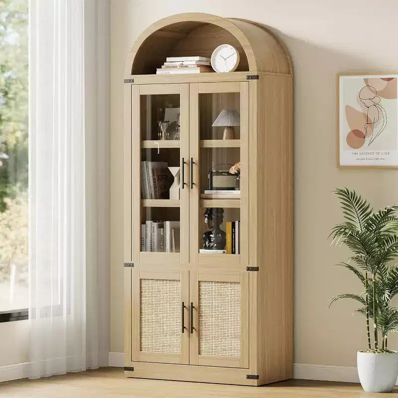 Arched Bookcase with Doors Modern 6-Tier Bookshelf with Storage Wooden Display Cabinet Farmhouse Storage Shelves for Living Room,Office