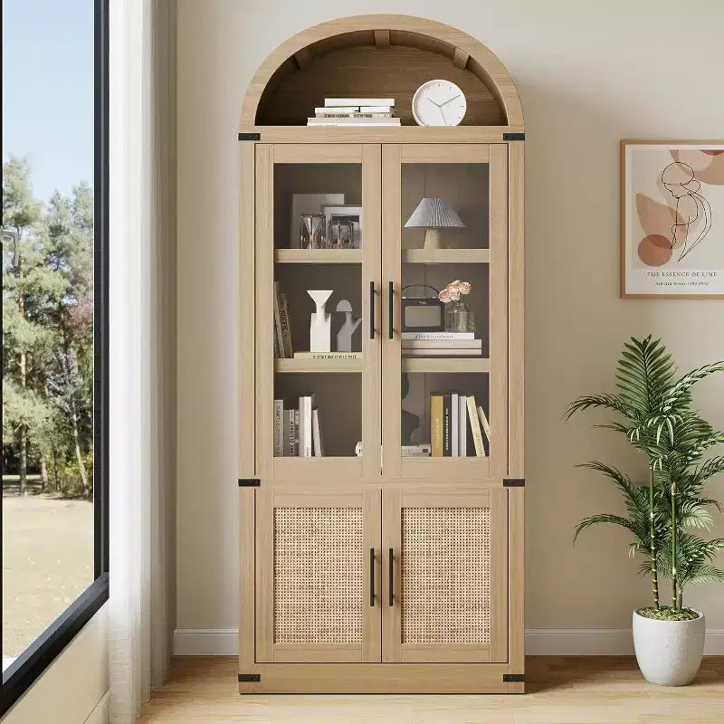 Arched Bookcase with Doors Modern 6-Tier Bookshelf with Storage Wooden Display Cabinet Farmhouse Storage Shelves for Living Room,Office