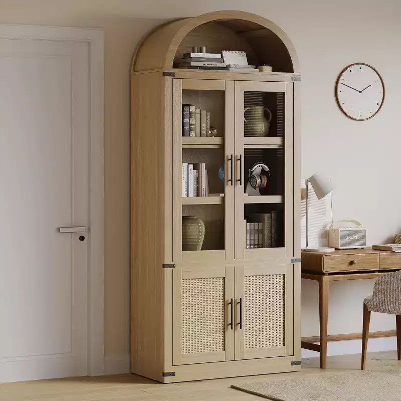 Arched Bookcase with Doors Modern 6-Tier Bookshelf with Storage Wooden Display Cabinet Farmhouse Storage Shelves for Living Room,Office