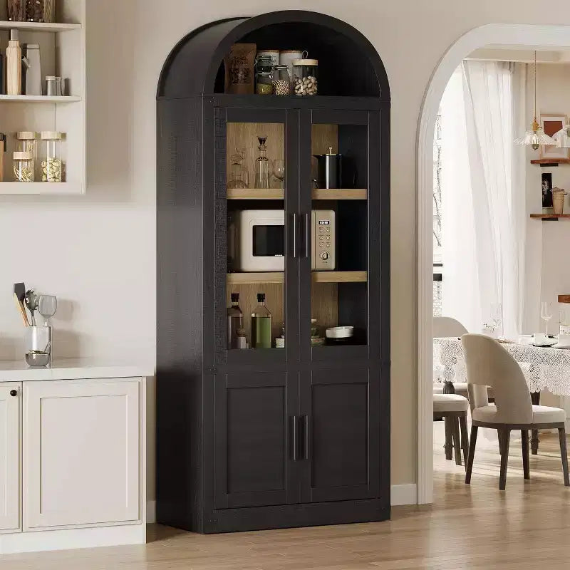 Arched Bookcase with Doors Modern 6-Tier Bookshelf with Storage Wooden Display Cabinet Farmhouse Storage Shelves for Living Room,Office