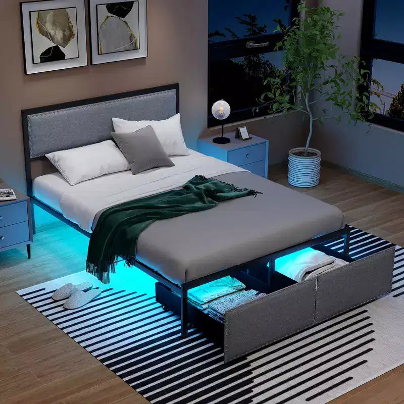 Costway Full Size Bed Frame w/ 2 Storage Drawers LED Lights Slats Support Modern
