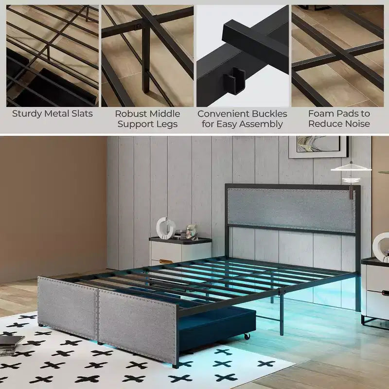 Costway Full Size Bed Frame w/ 2 Storage Drawers LED Lights Slats Support Modern