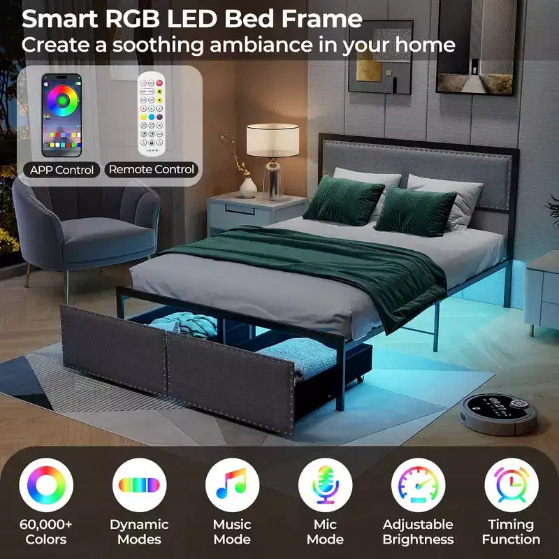 Costway Full Size Bed Frame w/ 2 Storage Drawers LED Lights Slats Support Modern
